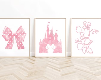 Impressions d&#39;art pour chambre d&#39;enfant Minnie Mouse : noeud rose, château, personnage (téléchargement numérique)
