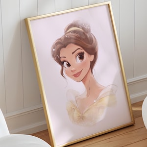 May include: A framed print of Belle from Disney's Beauty and the Beast. The print features a cartoon illustration of Belle with brown hair and a yellow dress. The background is a light pink colour.