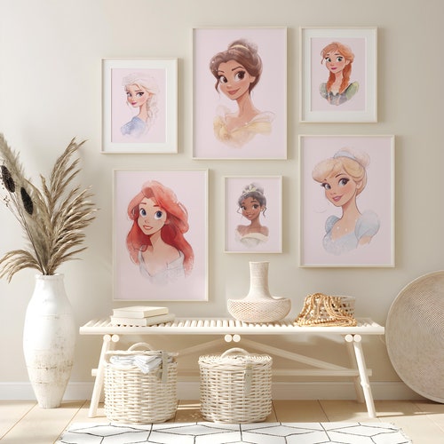 Lot de 12 oeuvres d'art murales princesse aquarelle, tirages d'art pour chambre d'enfant (téléchargement numérique)