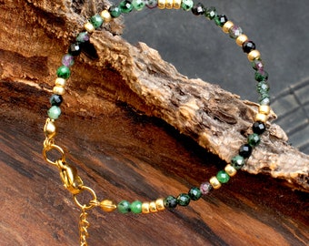 Ruby Zoisite Bracelet w Gold Accents • 3mm Red Green Crystal Bead Faceted Stone Bracelet, Delicate, Dainty, Fine, Tiny, Stacking • SD57