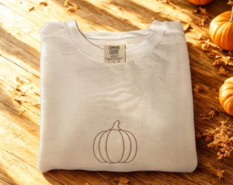 Pumpkin Comfort Colors Embroidered Tee - Pumpkin Outline T-Shirt - Simple Fall Pumpkin Crewneck T-Shirt - Minimal Fall Long Sleeve T-Shirt