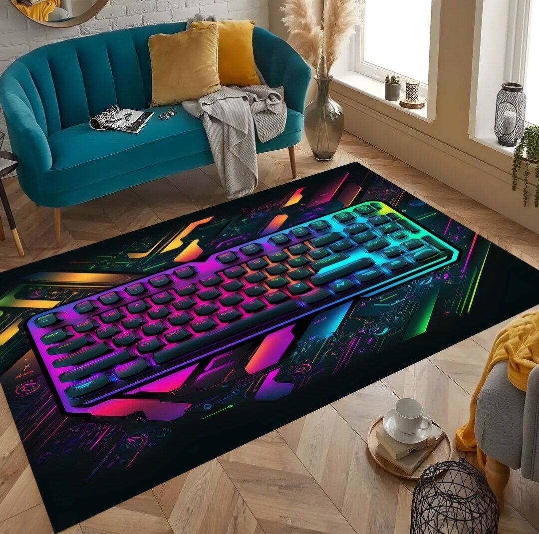 Mechanical Keyboard Rug, Gamer Keyboard, Gaming Themed Rug, Neon Keyboard Rug, Teen's Room Rug