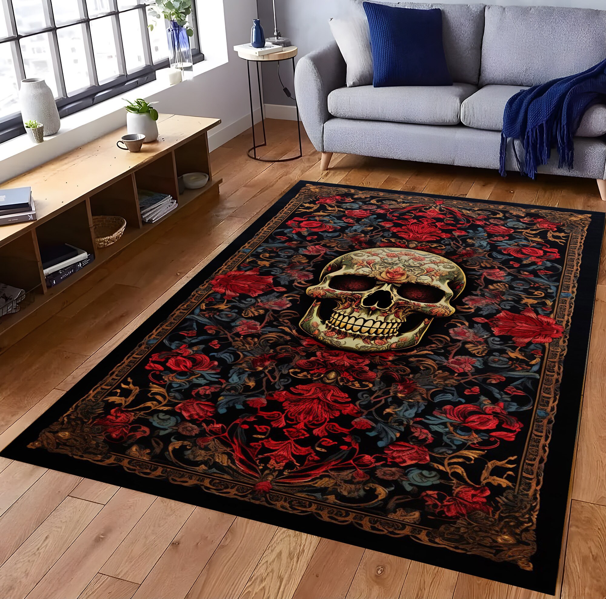 Discover Skull Rug, Gothic Skull Rug, Gothic Rug, Floral Skull Rug, Living Room Rug, Boys Room Rug, Gift For Him Her, Personalized Gift, For Birtday