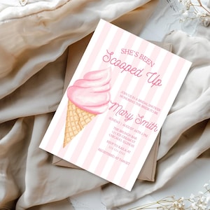 She’s Been Scooped Up Bridal Shower Invitation Canva Template | Ice Cream Theme Bridal Shower Invite |Instant Download | Summer Party Invite