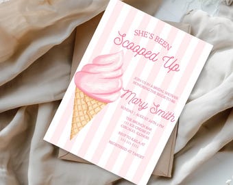 May include: A pink and white striped invitation card with the text "She's Been Scooped Up" and an illustration of a pink ice cream cone. The invitation is for a bridal shower honoring Mary Smith.