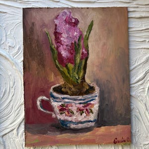 Pintura de jacinto Flores originais da primavera Decoração para casa Arte floral Arte de parede Presente para o dia das mães Pintura a óleo empastada Flores semi-abstratas 6 por 8