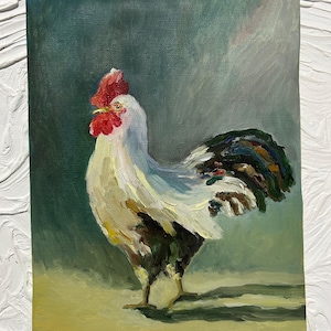 Original Oil Painting: Rooster Wall Art - Farm Animal Decor (7x9.5 inch Canvas)