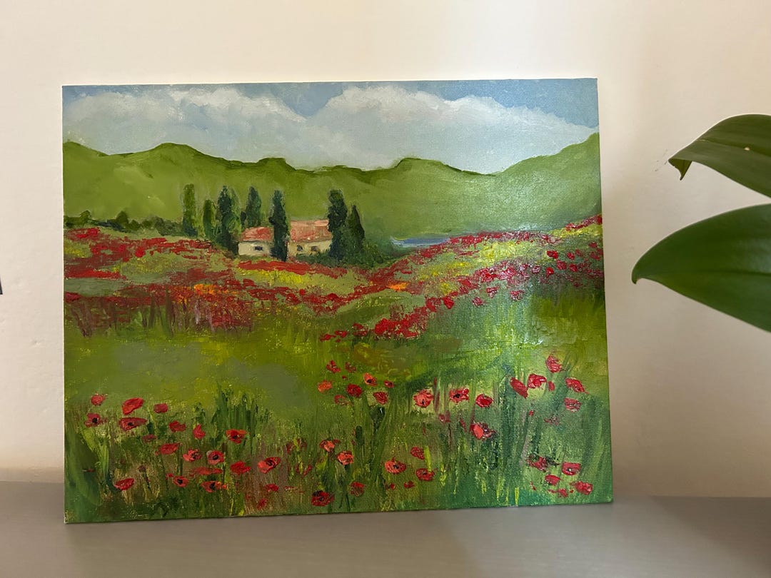 Poppy Landscape Original Country Oil Painting Poppy Flowers Wall Art ...