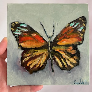 Pintura de mariposa realista, original, pintada a mano, pintura al óleo sobre lienzo, pequeña, original, arte al óleo, monarca, ideas de regalo para el Día de la Madre.