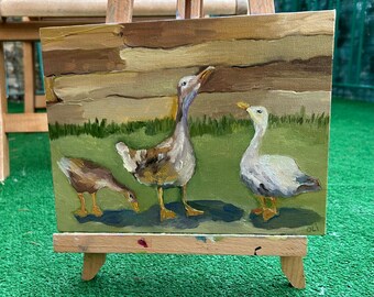 Eenden olieverfschilderij rustieke vogel dier schilderij originele kunst boerderijdieren cadeau voor haar boerderij vogel schilderij ganzen dier schilderij 7 x 9,5 inch