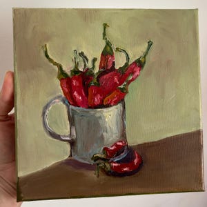 Peinture à l&#39;huile de piment rouge, piment rouge, empâtement, peinture semi-abstraite, art mural de cuisine, art culinaire de légume, nature morte