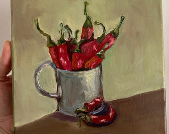 Peinture à l'huile de piment rouge, piment rouge, empâtement, peinture semi-abstraite, art mural de cuisine, art culinaire de légume, nature morte