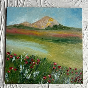 Pintura Toscana Itália Arte Original Campos de Papoula Pintura a Óleo Pintura a Óleo Original Campo Papoula Pintura a Óleo 8 x 8 polegadas