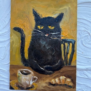 Gato negro con café, mini pintura al óleo original, serie &quot;Sip&Purr&quot;, 5 x 7 pulgadas, hecha a pedido.