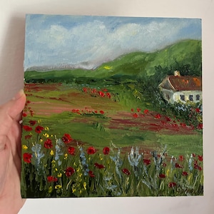 Pintura de Toscana, arte original de Italia, pintura al óleo de campos de amapolas, pintura al óleo original del campo, 8 x 8 pulgadas, hecha a pedido