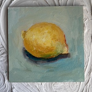 Pintura de limón original, limón pequeño, pintura al óleo original, comida enmarcada, arte fino, arte pequeño, decoración de comedor, naturaleza muerta de limón original, 6 x 6 pulgadas