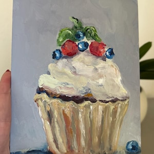 Mini pintura de cupcake pintada à mão arte de cupcake arte de parede de sobremesa pintura de cupcake original arte de cupcake fofa arte pequena para amantes de doces