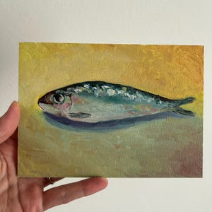 Pintura de sardinas, bodegón de cocina, pintura al óleo de pescado, pintura de mariscos, pintura de comida, arte de cocina, bodegón de pescado hecho a pedido