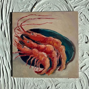 Pintura de camarão, arte original de camarão, camarão semi abstrato, natureza morta de cozinha, natureza morta de camarão, arte de camarão, 8x8 inc., feito sob encomenda