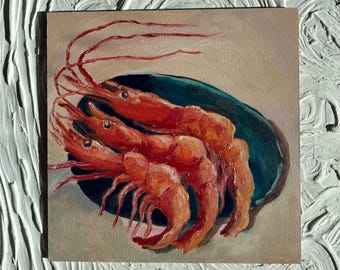 エビ2匹の油絵 10x10インチ - Etsy 日本