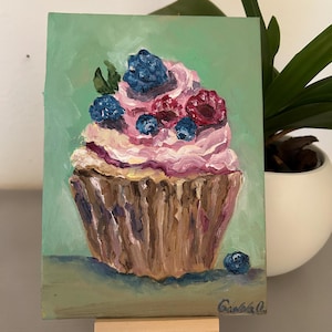 Mini pintura de cupcake pintada à mão arte de cupcake arte de parede de sobremesa pintura de cupcake original arte de cupcake fofa arte pequena para amantes de doces
