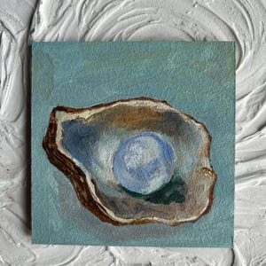 Ostra Pérola Em Concha Pintura Cozinha natureza morta Ostra Pintura A Óleo Arte Cozinha Natureza morta Ostra Natureza morta Ostra 4x4 polegadas