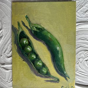 Pintura de guisantes, pintura vegetal, semiabstracta, hermosa obra de arte, pintura al óleo, naturaleza muerta, arte de pared de cocina, pinturas originales de vainas de guisantes