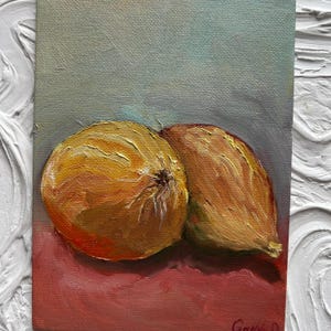 Original Oil Painting: Still Life Onions, Minimalist Kitchen Art