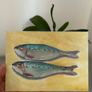 Two Sardines Painting, Kitchen still life, Fish Oil Painting, Food painting,  Kitchen Art Still life Fish Still life Sardines Wall Art 5x7