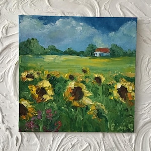 Pintura de girasoles, arte original, pintura de paisaje con girasoles, pintura campestre, arte impresionista, arte de pared para sala de estar, arte de pared pequeño