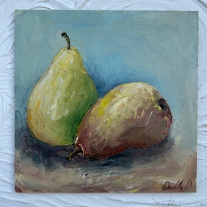 Pintura al óleo de pera, pintura al óleo de pared, cocina, bodegón con frutas, bodegón al óleo, fruta, pera, imagen, pintura minimalista de frutas