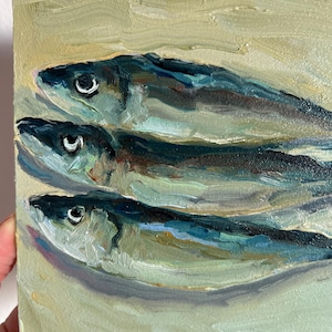Three Sardines Still Life Kitche Wall Art 6x6 in Oil and Palette Knife Original Oil Painting Kitchen Still life Original Art