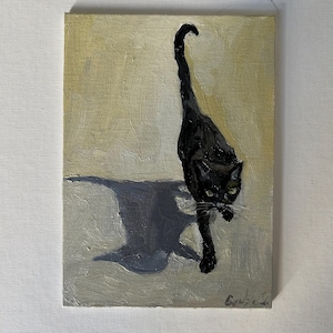 Black Cat with Shadow Original Oil Painting on Canvas Black Cat Oil Art Original Cat Artwork Feline Wall Art Small Mystical Animal Painting