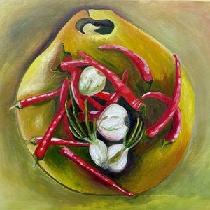 Pintura de pimiento rojo, arte mural para cocina, pintura al óleo, pintura de cebollas, pintura de chile, pintura de verduras, arte para la cocina, arte gastronómico