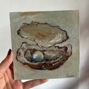 Oyster Pearl Oil Painting: Coastal Kitchen Art, 6x6 Impressionism