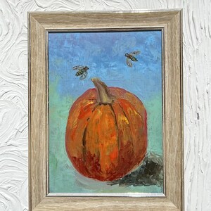 Pintura original de abóbora com moldura Pintura a óleo de abóbora Arte vegetal de outono Halloween Abóbora Arte de outono Decoração de parede Presente para avó