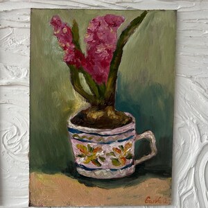 Pintura de jacinto Flores originais da primavera Decoração para casa Arte floral Arte de parede Presente para o dia das mães Pintura a óleo empastada Flores semi-abstratas 6 por 8