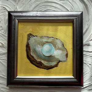 Ostra Pérola Em Concha Pintura Cozinha natureza morta Ostra Pintura A Óleo Arte Cozinha Natureza morta Ostra Natureza morta Ostra 4x4 polegadas