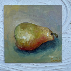 Pintura al óleo de pera, pintura al óleo de pared, cocina, bodegón con frutas, bodegón al óleo, fruta, pera, imagen, pintura minimalista de frutas