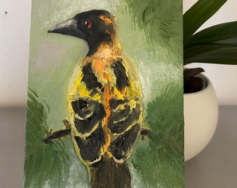ゴシキヒワのオリジナル絵画、写実的な鳥の絵、動物の油絵、黄色い鳥の