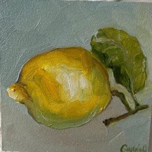 Limón pintado a mano, pequeño óleo original, arte fino, decoración pequeña, arte original de naturaleza muerta de limón para decoración de pared de comedor o restaurante, 4x4