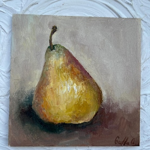 Pintura al óleo de pera, pintura al óleo de pared, cocina, bodegón con frutas, bodegón al óleo, fruta, pera, imagen, pintura minimalista de frutas