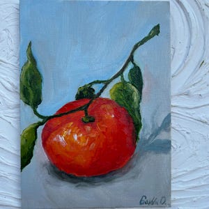 Pintura de clementina 5x7 Fruta Arte al óleo original Una naranja Bodegón Fruta cítrica Pequeña pintura al óleo Fruta Impasto Vida Arte de clementina