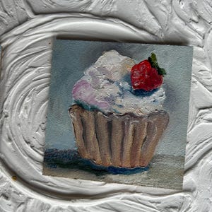 Mini pintura de cupcake pintada à mão arte de cupcake arte de parede de sobremesa pintura de cupcake original arte de cupcake fofa arte pequena para amantes de doces 4x4