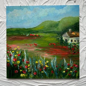 Pintura da Toscana Itália Arte Original Campos de Papoulas Pintura a Óleo Pintura a Óleo Original Country 8 x 8 polegadas