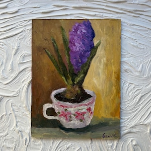 Pintura de jacinto Flores originais da primavera Decoração para casa Arte floral Arte de parede Presente para o dia das mães Pintura a óleo empastada Flores semi-abstratas 6 por 8