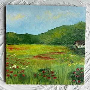 Pintura de Toscana, arte original de Italia, pintura al óleo de campos de amapolas, pintura al óleo original del campo, 6 x 6 pulgadas
