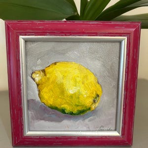 Pintura de limón original, limón pequeño, pintura al óleo original, comida enmarcada, arte fino, arte pequeño, decoración de comedor, naturaleza muerta de limón original, 4 x 4 pulgadas