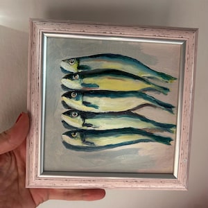 Wall Art Sardines Painting Fish Oil Painting Food Painting Kitchen Art Fish Still life Sardines Small Oil Painting with frame 6 x 6