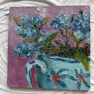Forget me not Flower Painting Floral Original Oil Art Flower Wall Art Small Painting Floral Small Oil Painting Blue Flowers Artwork 4x4 inch